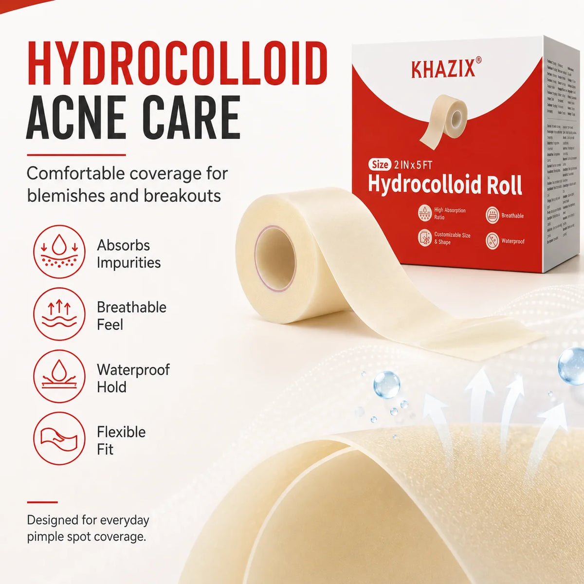 Hydrocolloid Acne Patch Roll Cut-to-Size Pimple Patches for Face Blemish Care Waterproof Breathable 2in X 5ft 1 Roll Value Pack.
