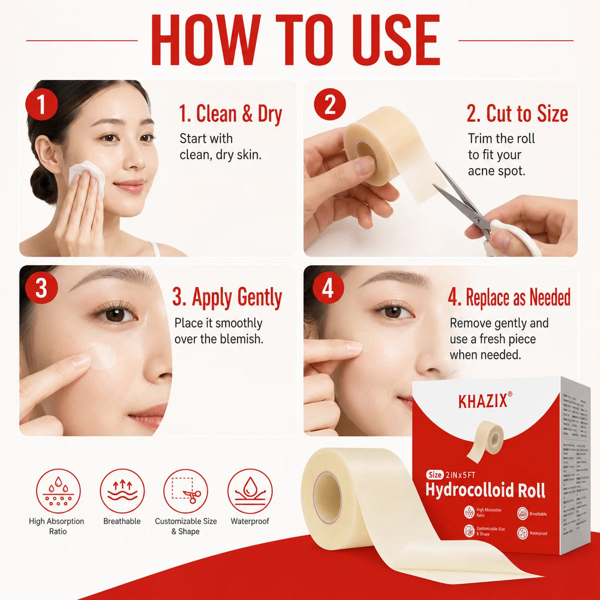 Hydrocolloid Acne Patch Roll Cut-to-Size Pimple Patches for Face Blemish Care Waterproof Breathable 2in X 5ft 1 Roll Value Pack.